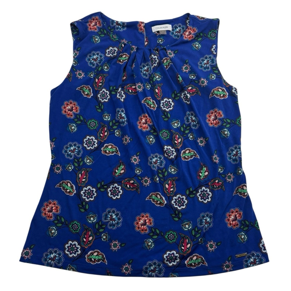 Calvin Klein Blue Floral Paisley Sleeveless Blouse Tank Top Sz L Polyester